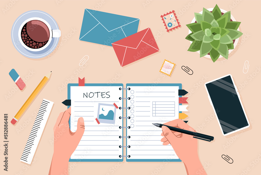 Poster open diary concept. character writes down his emotions and plans in notebook. writing instruments on