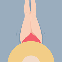 Young woman in pink swimsuit is sunbathing in the sea or ocean. Summer and holiday theme. Vector illustration.