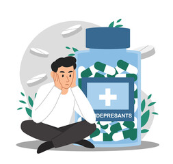 Antidepressant treatment concept. Man in lotus pose sits next to vial of pills. Mental health and psychological assistance. Drug addiction, medical poster or banner. Cartoon flat vector illustration