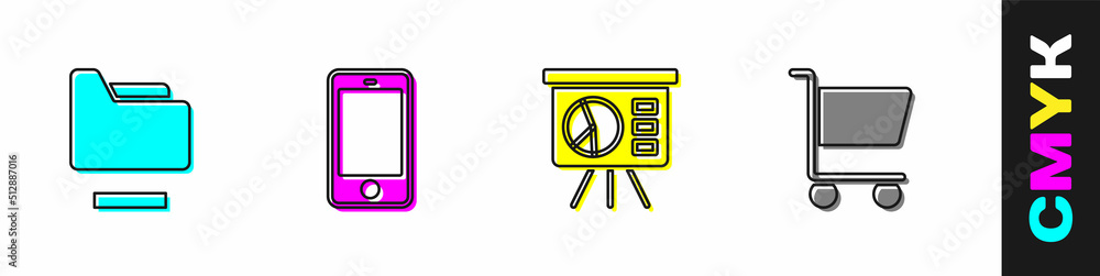 Poster set document folder, mobile phone, board with graph and shopping cart icon. vector