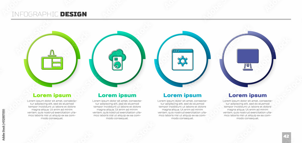 Poster set identification badge, cloud database, browser setting and computer monitor. business infographic