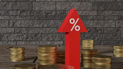 An upward red arrow with an embossed percent sign surrounded by numerous stacks of gold coins to illustrate the concept of high interest rate.
