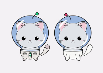 Kosmiczny kotek w kasku i skafandrze. Zabawny i uroczy kot astronauta, szukających przygód w kosmosie. Kot w dwóch wersjach. Ilustracja wektorowa.