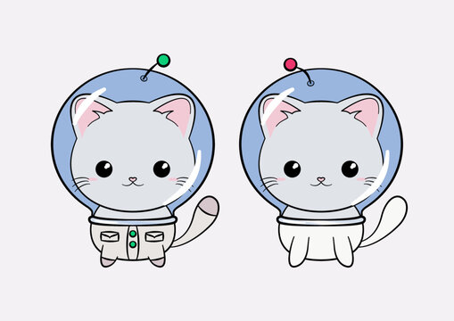 Fototapeta Kosmiczny kotek w kasku i skafandrze. Zabawny i uroczy kot astronauta, szukających przygód w kosmosie. Kot w dwóch wersjach. Ilustracja wektorowa.