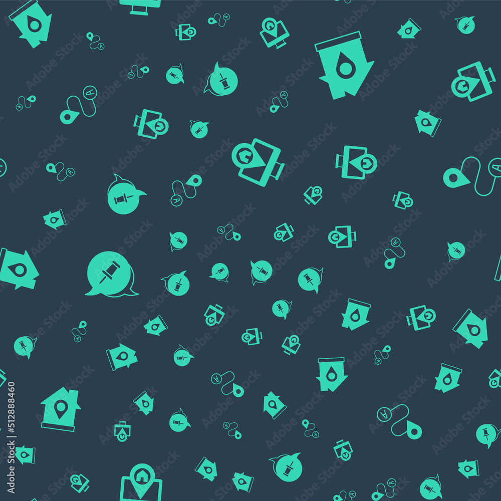 Aufkleber set monitor with map location, location house, push pin and route on seamless pattern. vector