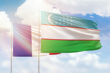 Sunny blue sky and flags of uzbekistan and france