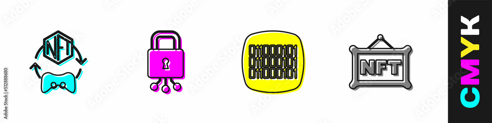 Poster set nft digital crypto art, cyber security, binary code and icon. vector