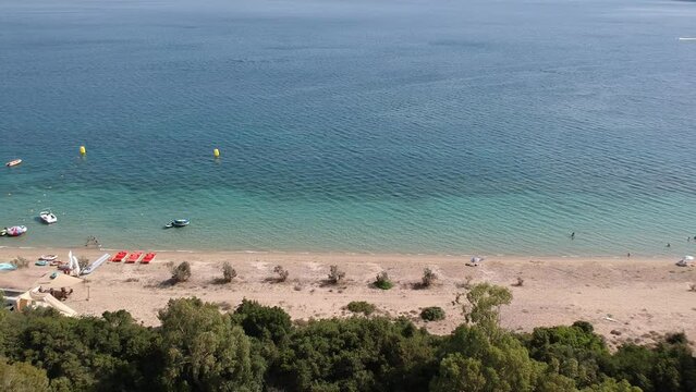 Panoramic aerial view over Divari beach near Navarino bay, Gialova. It is one of the best beaches in mediterranean Europe. Beautiful lagoon near Voidokilia from a high point of view, Messinia, Greece