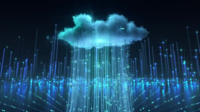 Data uploaded into the cloud. A 3D rendering of a photorealistic cloud in front of a dark background. Glowing bits of Data are flying towards the cloud server to be stored.