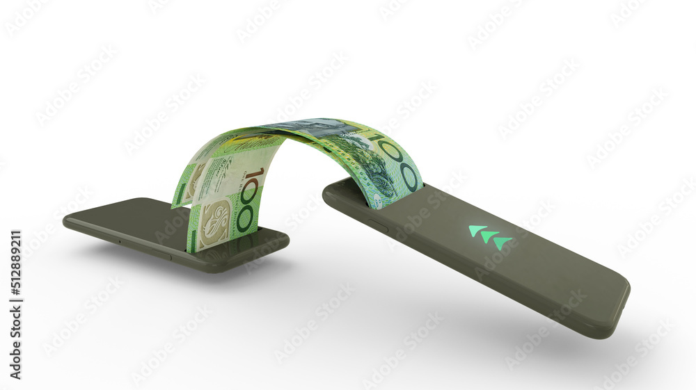 Poster 3d rendering of australian dollar notes transferring from one phone to another. mobile money transac