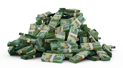 Big pile of Australian dollar notes a lot of money over white background. 3d rendering of bundles of cash