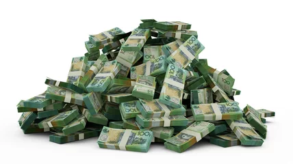 Fotobehang Big pile of Australian dollar notes a lot of money over white background. 3d rendering of bundles of cash © RODWORKS
