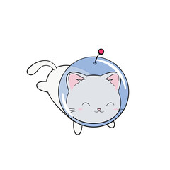 Kosmiczny kotek w kasku i skafandrze unoszący się w przestrzeni kosmicznej. Zabawny i uroczy kot astronauta, szukających przygód w kosmosie. Ilustracja wektorowa.