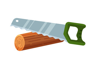 Hand saw sawing a tree. Cutting wood and logging wood industry concept. Isolated vector illustration in flat cartoon style.
