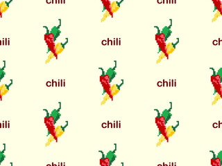 Chili cartoon character seamless pattern on yellow background. Pixel style