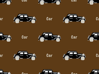 Car cartoon character seamless pattern on brown background. Pixel style