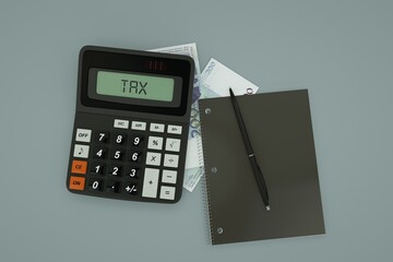 3D rendering of a composition of 200 Bosnia and Herzegovina convertible mark notes, a calculator, a note book and a pen isolated on dark background. Tax background design concept - obrazy, fototapety, plakaty