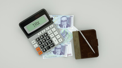 3D rendering of an isolated composition of 200 Bosnia and Herzegovina convertible mark notes, a calculator, a note book and a pen - obrazy, fototapety, plakaty