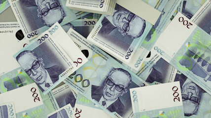 3D rendering of 200 Bosnia and Herzegovina convertible mark notes spread on surface - obrazy, fototapety, plakaty