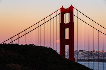 Full Moon June 2022 San Francisco Golden Gate Bridge Next to North Tower Shot from Marin Headlands