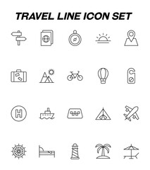 Travel, tourism, holiday, vacation sign. Line icon set with vector signs of direction pointer, compass, sun, geo sign, ticket, suitcase, luggage, bicycle, balloon etc