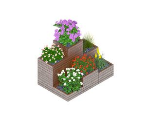 Wooden flower bed for plants. White background. Isometric.