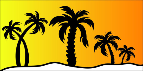 Fototapeta na wymiar Cartoon flat panoramic landscape, sunset with the palms on colourful background. Vector illustration.,,.eps