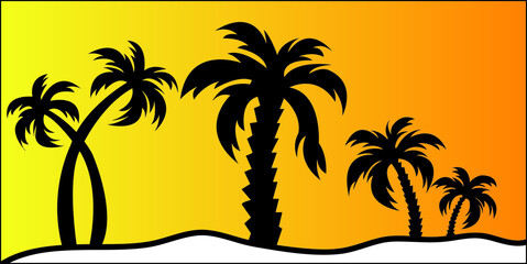 Cartoon flat panoramic landscape, sunset with the palms on colourful background. Vector illustration.,,.eps