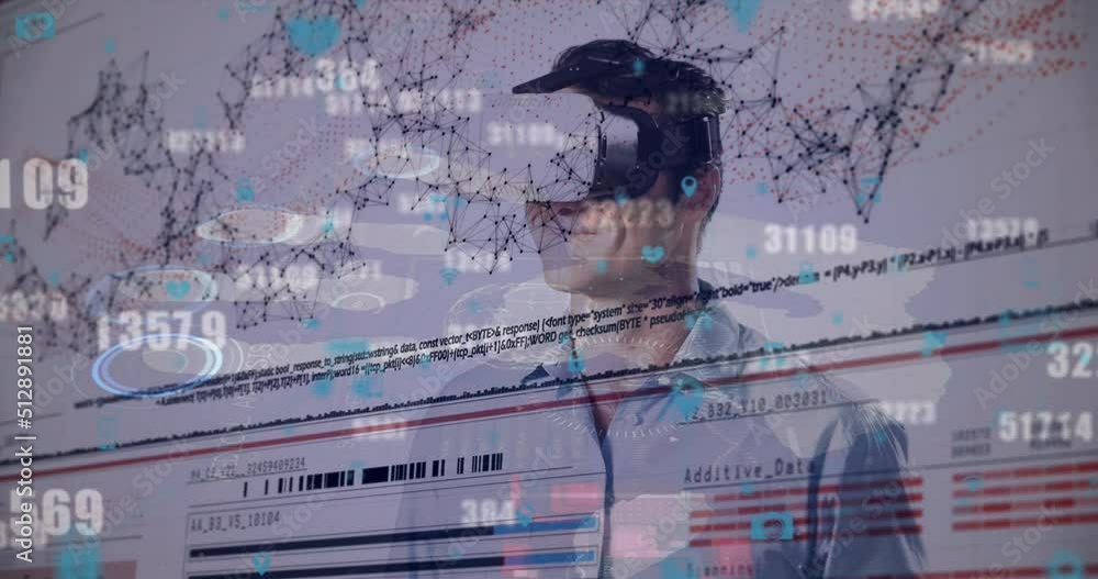 Poster animation of data processing over men using vr headset