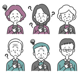 スマホを操作するシニア世代男女のセット　困り顔