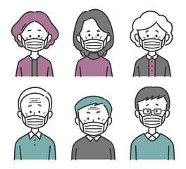 マスクを着けたシニア世代男女のセット