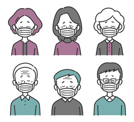 マスクを着けたシニア世代男女のセット　泣き顔