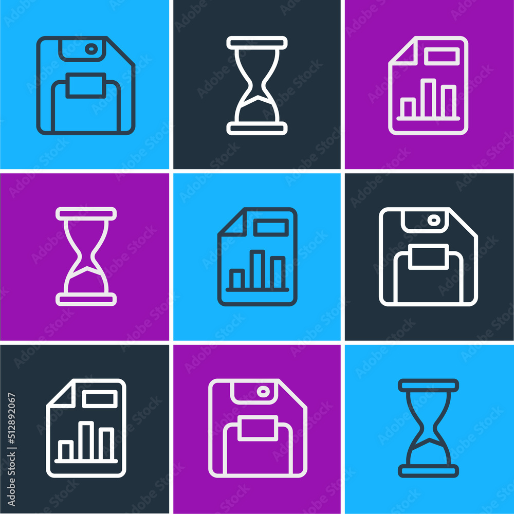 Poster set line floppy disk, document with graph chart and old hourglass icon. vector