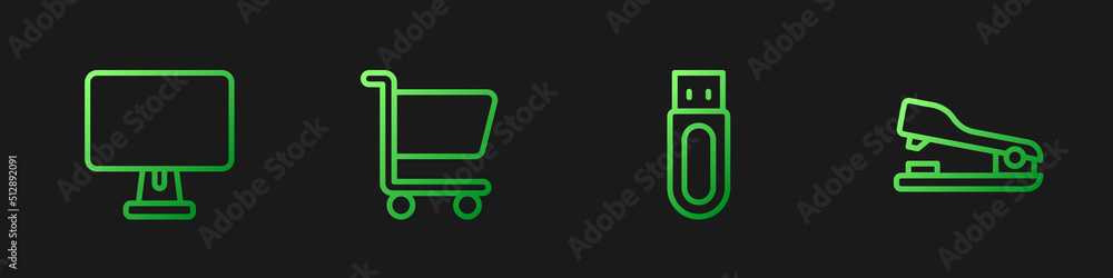 Poster set line usb flash drive, computer monitor, shopping cart and stapler. gradient color icons. vector