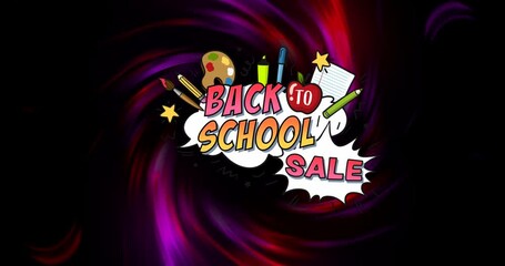 Animation of back to school over red spiral on black background - Powered by Adobe