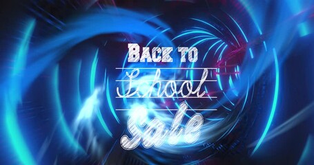 Animation of back to school sale over tunnel made of neon lights on black background - Powered by Adobe