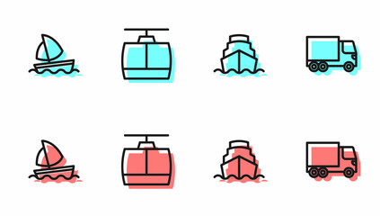Set line Cruise ship, Yacht sailboat, Cable car and Delivery cargo truck icon. Vector © Vadim