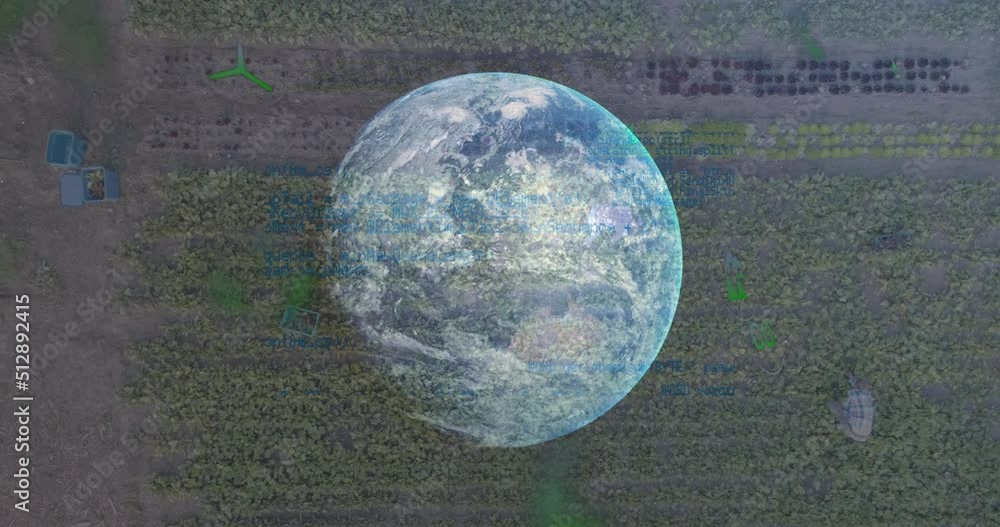 Poster animation of data processing and landscape over globe