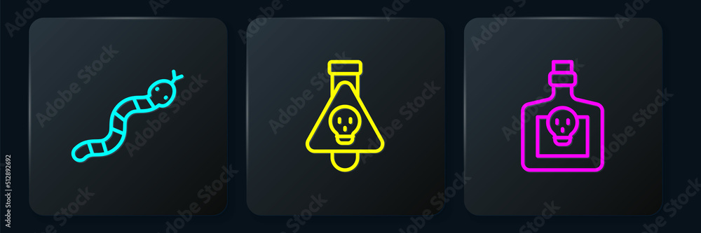 Poster set line snake, bottle with potion and . black square button. vector