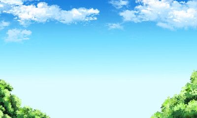 Obraz na płótnie Canvas 青空に白い雲が浮かぶ緑の樹木がある風景01（コピースペースあり）