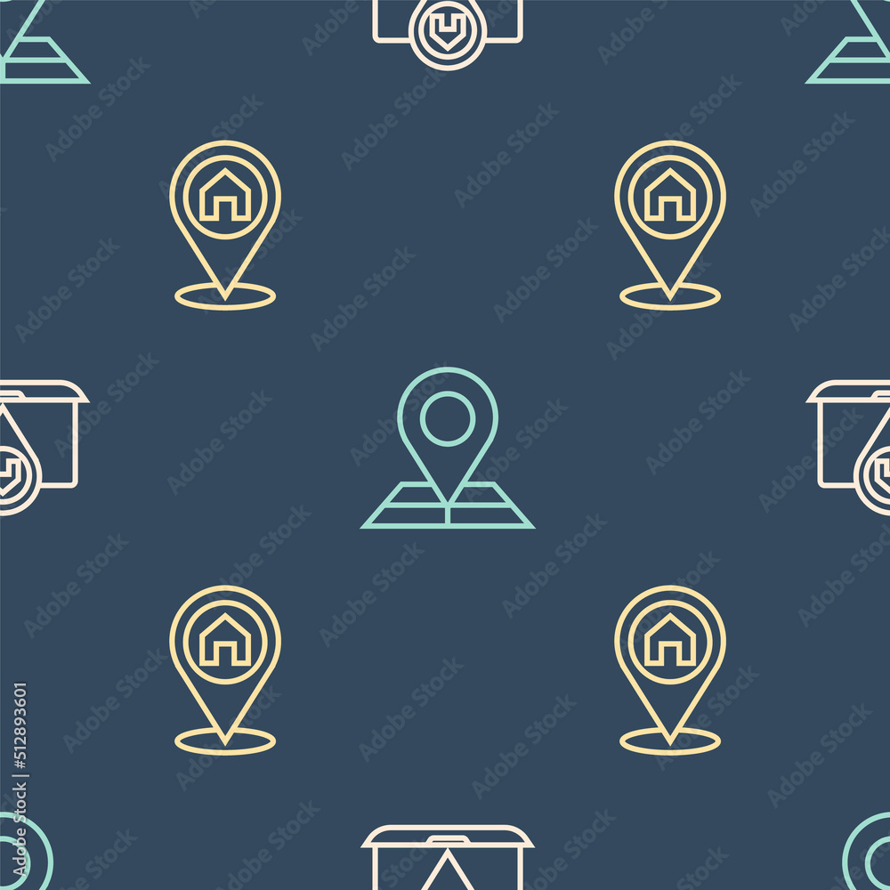 Poster set line city map navigation, location with house and folded location marker on seamless pattern. ve