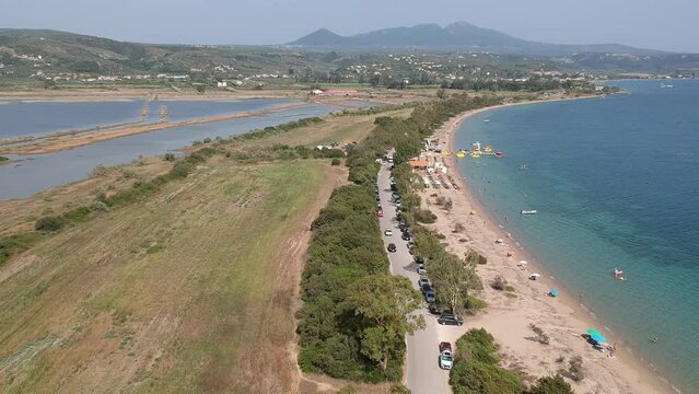 Panoramic aerial view over Divari beach near Navarino bay, Gialova. It is one of the best beaches in mediterranean Europe. Beautiful lagoon near Voidokilia from a high point of view, Messinia, Greece