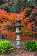 Tokyo,Japan on December6,2019:Stone lantern with fall foliage at Rikugien Garden.