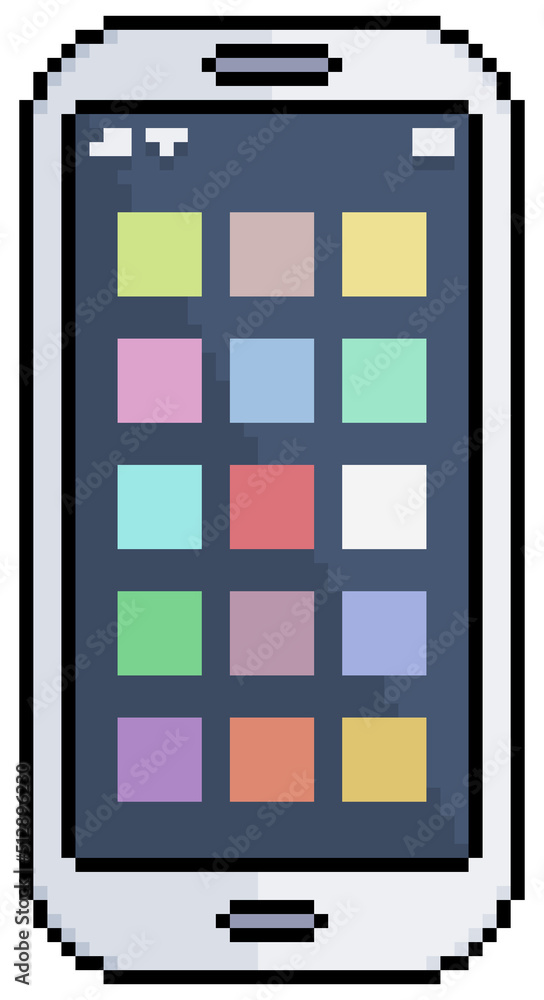 Poster pixel art mobile phone with menu and app icons vector icon for 8bit game on white background