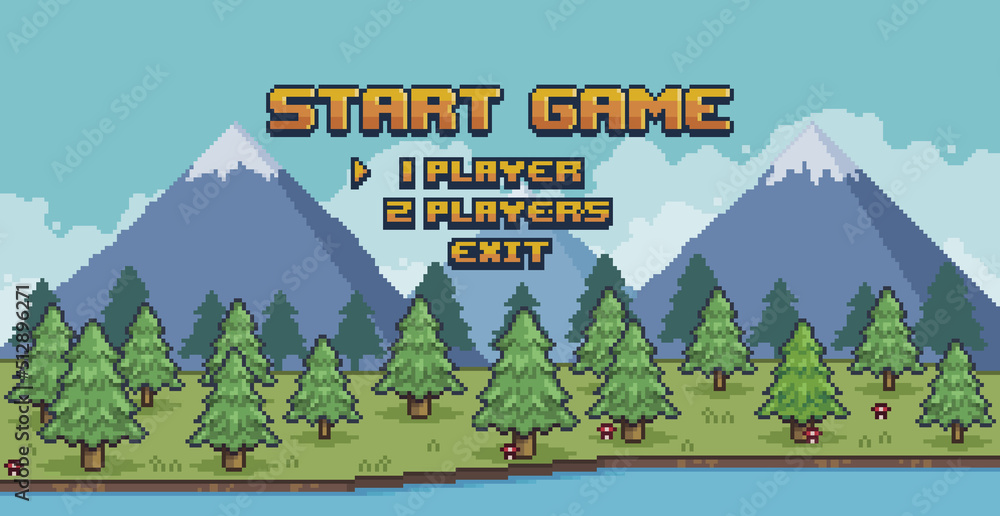 Poster pixel art forest game menu. pine forest scene with lake and mountains 8 bit vector background