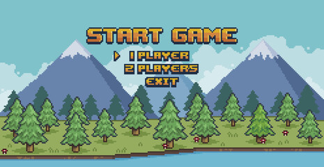 Pixel art forest game menu. Pine forest scene with lake and mountains 8 bit vector background  © Kaleb
