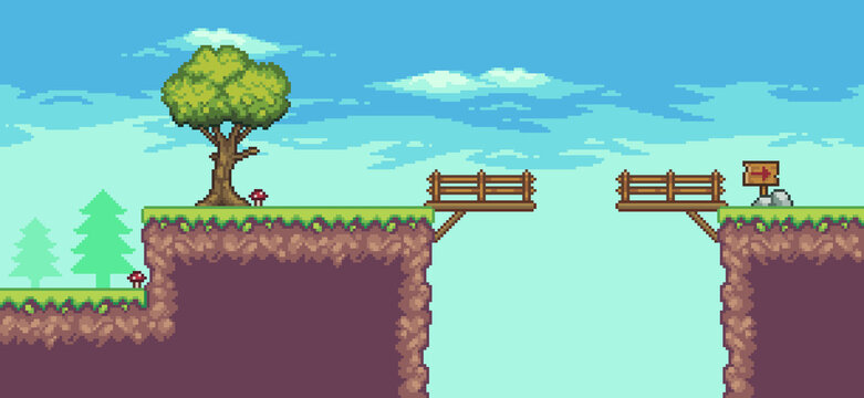 Pixel art arcade game scene with tree, bridge, wooden board, and clouds 8 bit vector background