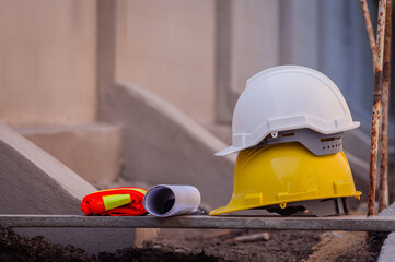 Hard hat construction background, yellow, white and red hard safety helmet hats for safety project of workman as engineering or project worker