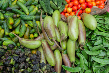 Top view of fresh green vegetables for sale in a market in Territy Bazar, Kolkata, West Bengal, India.