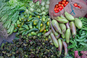 Vegetables for sale in a market in Territy Bazar, Kolkata, West Bengal, India.
